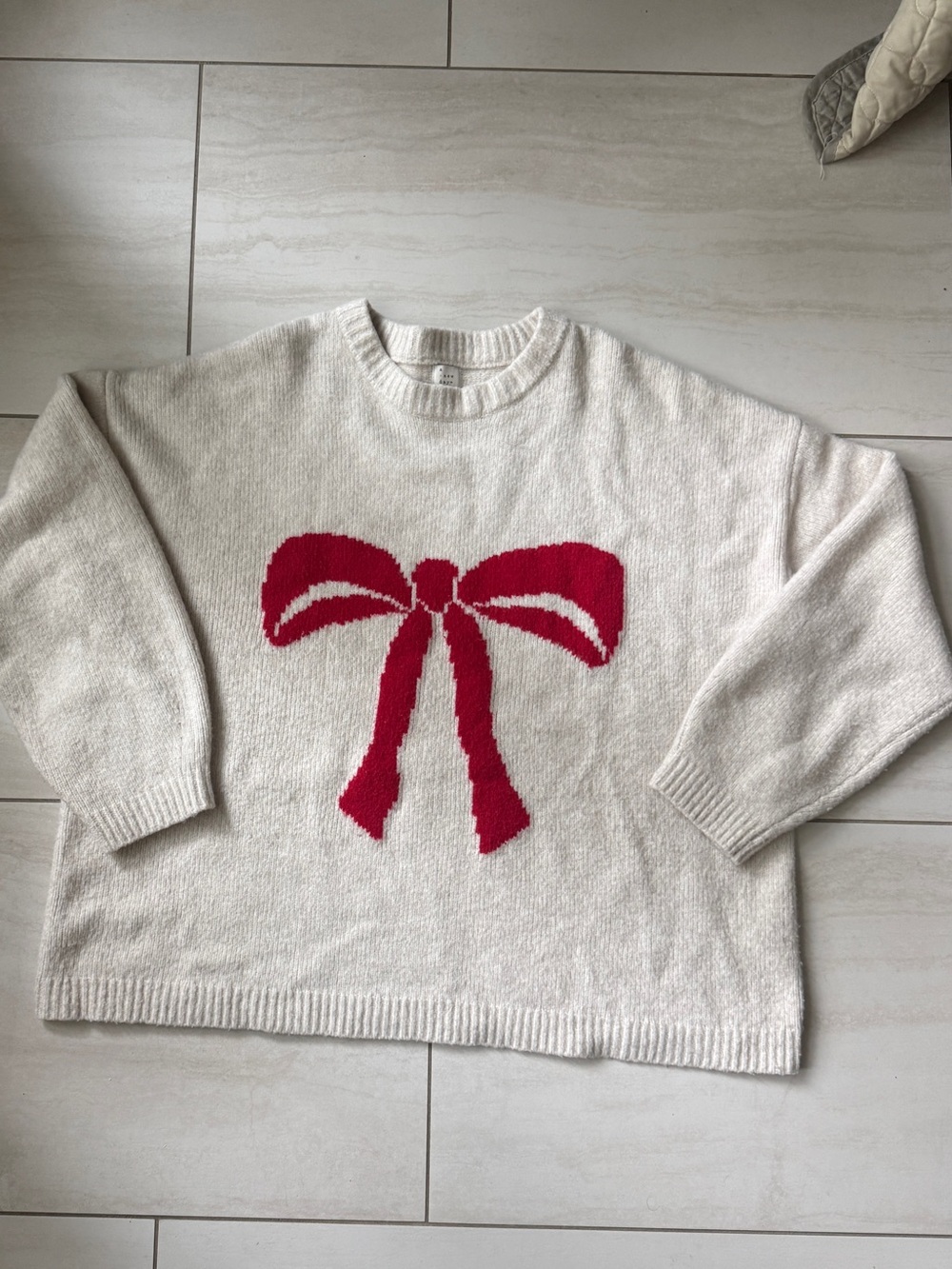 a new day Cream Crewneck Sweater with Red Bow